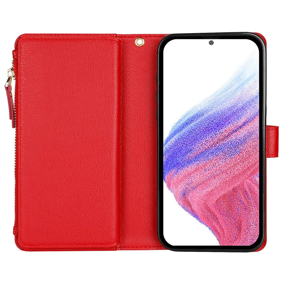XL-001 For Samsung Galaxy S24 Case Zipper Pocket Wristband Stand Leather Phone Cover - Red - 2