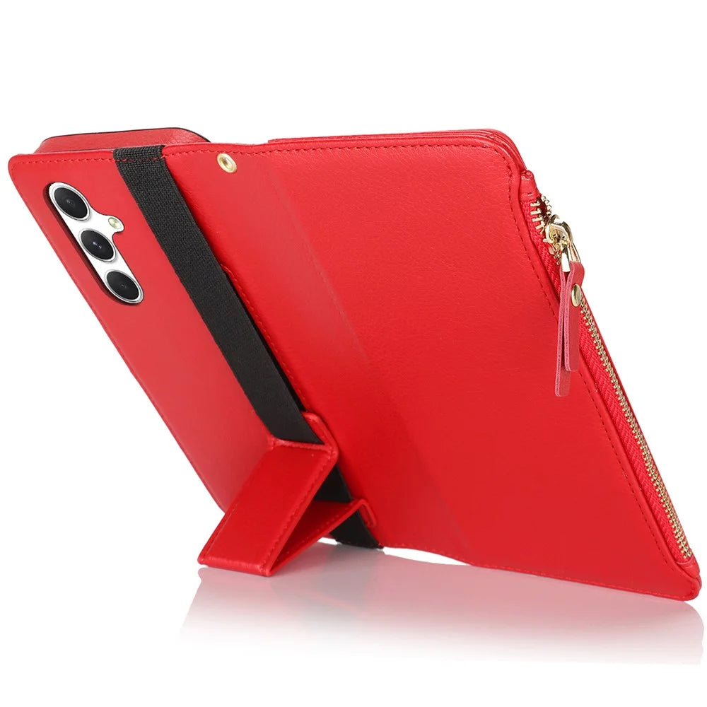 XL-001 For Samsung Galaxy S24 Case Zipper Pocket Wristband Stand Leather Phone Cover - Red - 3