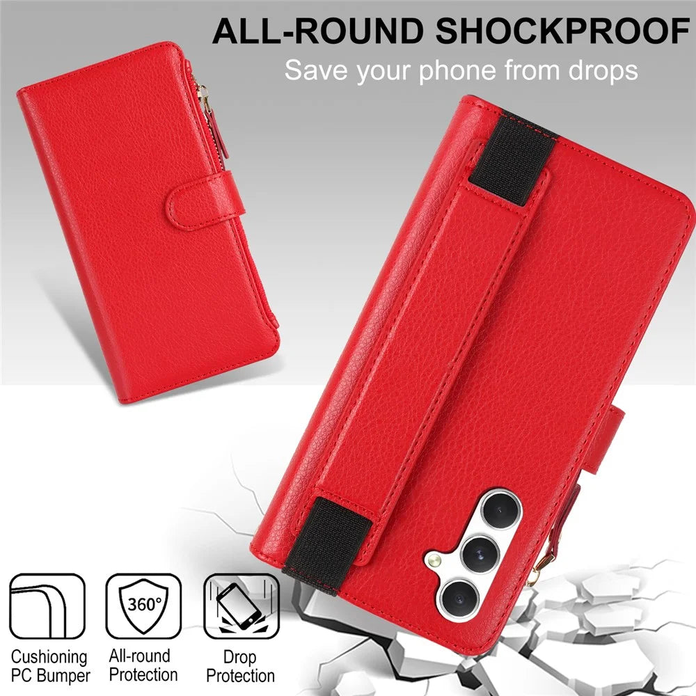 XL-001 For Samsung Galaxy S24 Case Zipper Pocket Wristband Stand Leather Phone Cover - Red - 7