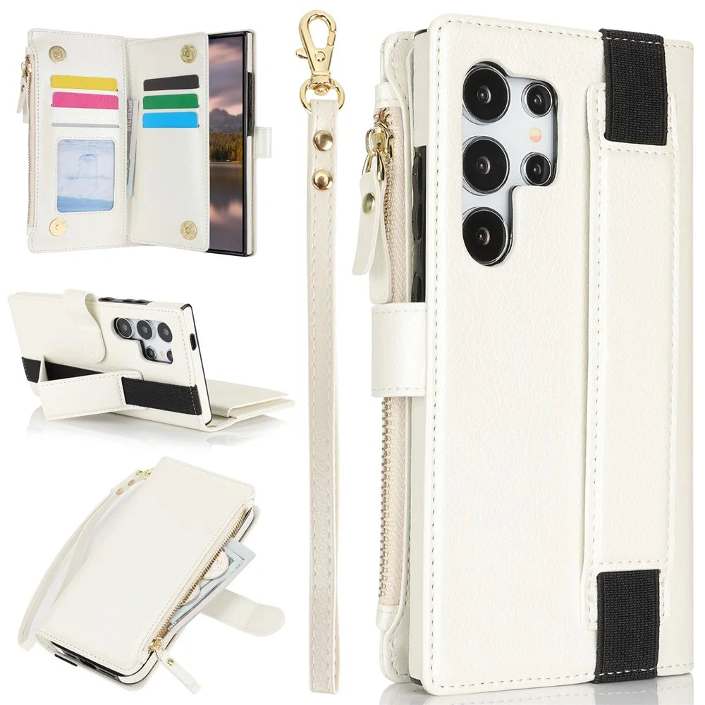 XL-001 For Samsung Galaxy S24 Ultra Case Zipper Pocket Wristband Stand Leather Phone Cover - White - 1