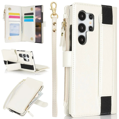 XL-001 For Samsung Galaxy S24 Ultra Case Zipper Pocket Wristband Stand Leather Phone Cover - White - 1