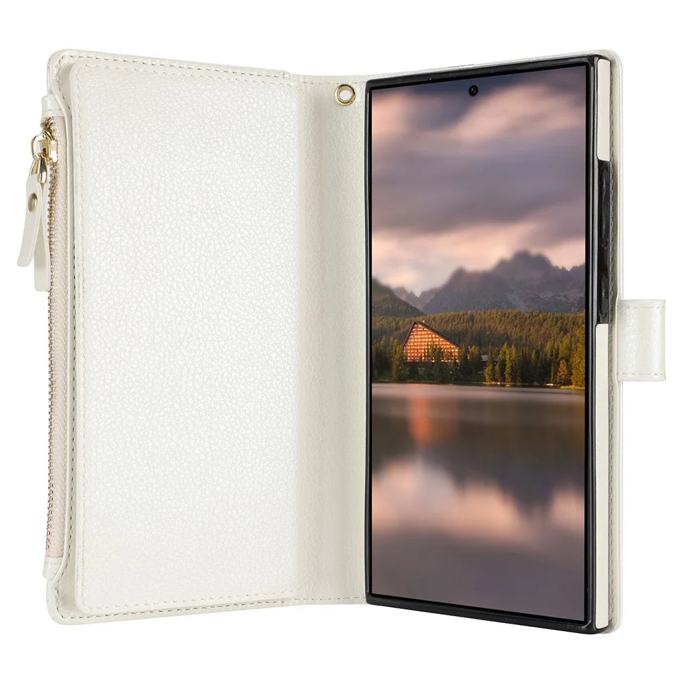 XL-001 For Samsung Galaxy S24 Ultra Case Zipper Pocket Wristband Stand Leather Phone Cover - White - 2