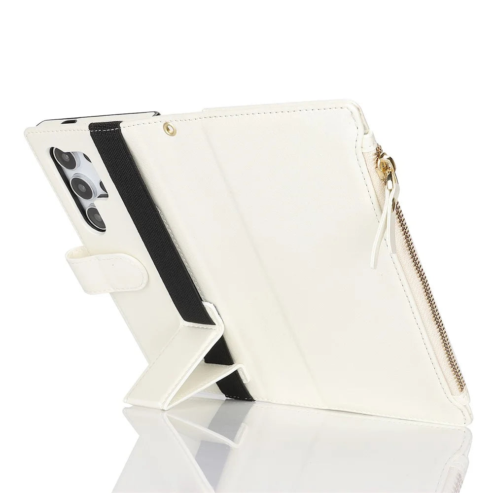 XL-001 For Samsung Galaxy S24 Ultra Case Zipper Pocket Wristband Stand Leather Phone Cover - White - 4