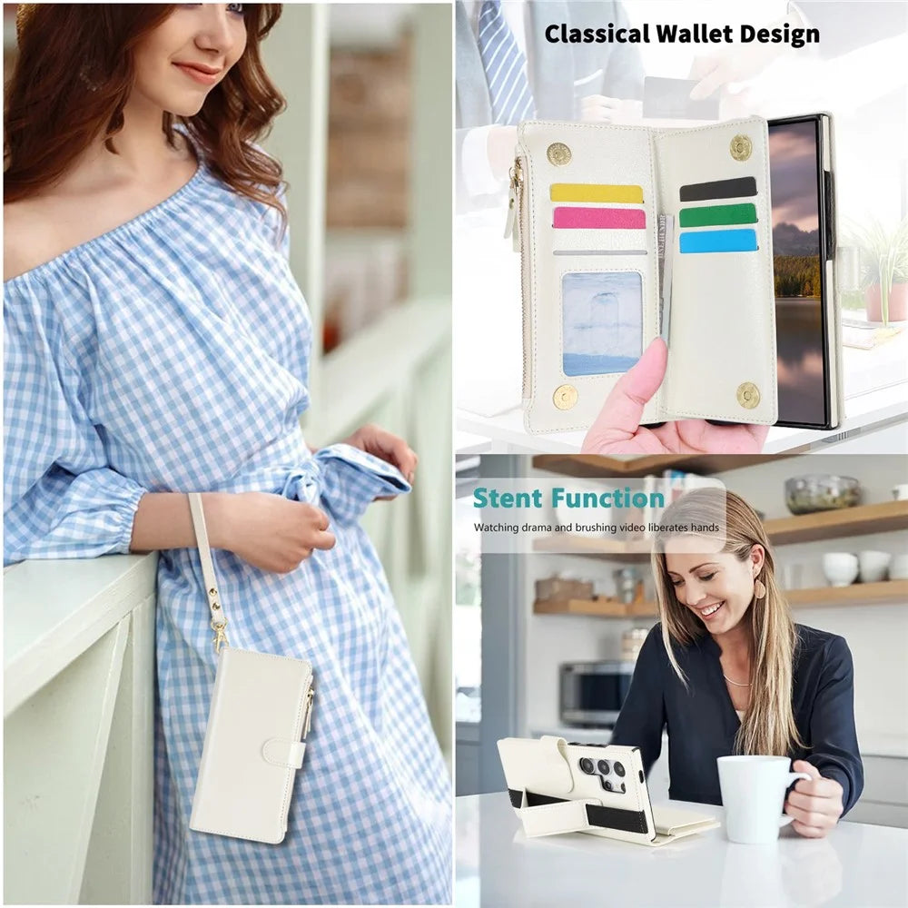 XL-001 For Samsung Galaxy S24 Ultra Case Zipper Pocket Wristband Stand Leather Phone Cover - White - 5