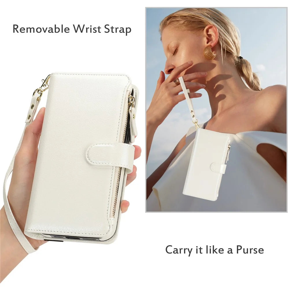 XL-001 For Samsung Galaxy S24 Ultra Case Zipper Pocket Wristband Stand Leather Phone Cover - White - 6