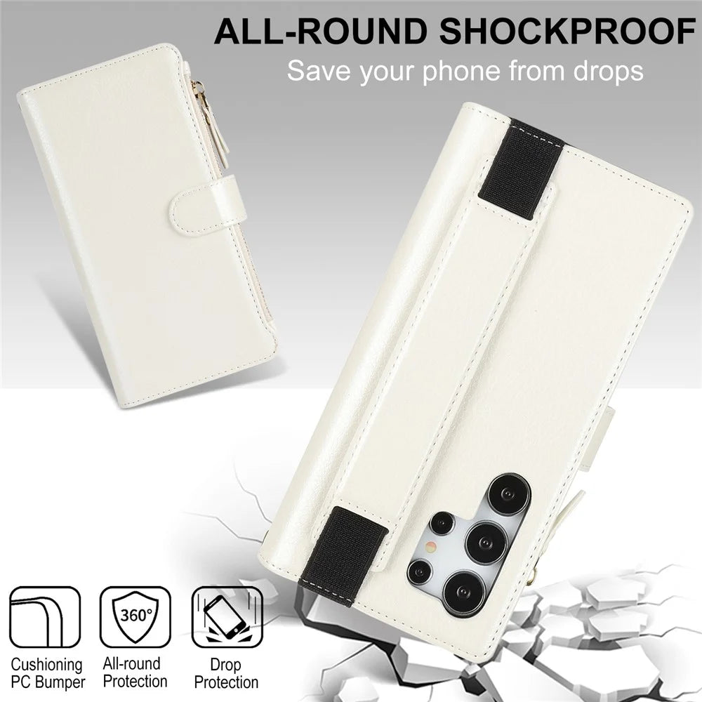 XL-001 For Samsung Galaxy S24 Ultra Case Zipper Pocket Wristband Stand Leather Phone Cover - White - 7