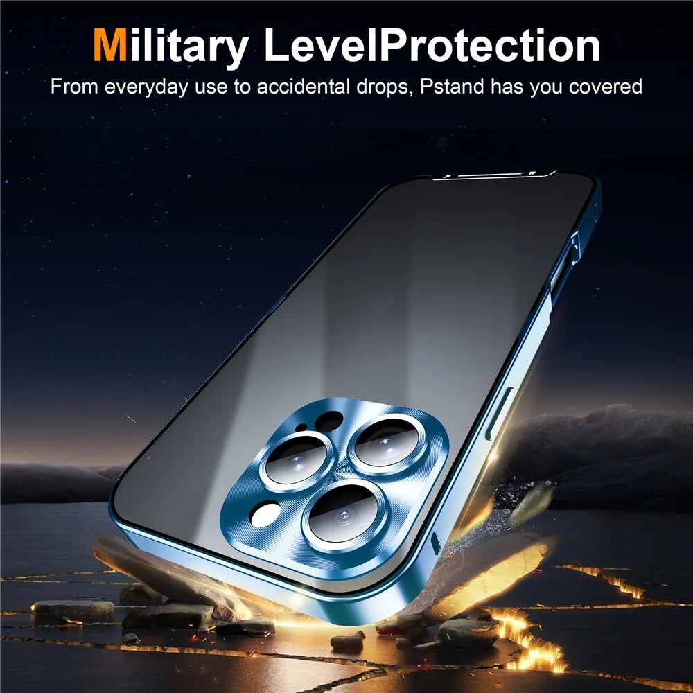 For iPhone 16 Pro Case Aluminium Alloy Frame Matte PC Back Phone Cover with Lens Protector - Blue - 4