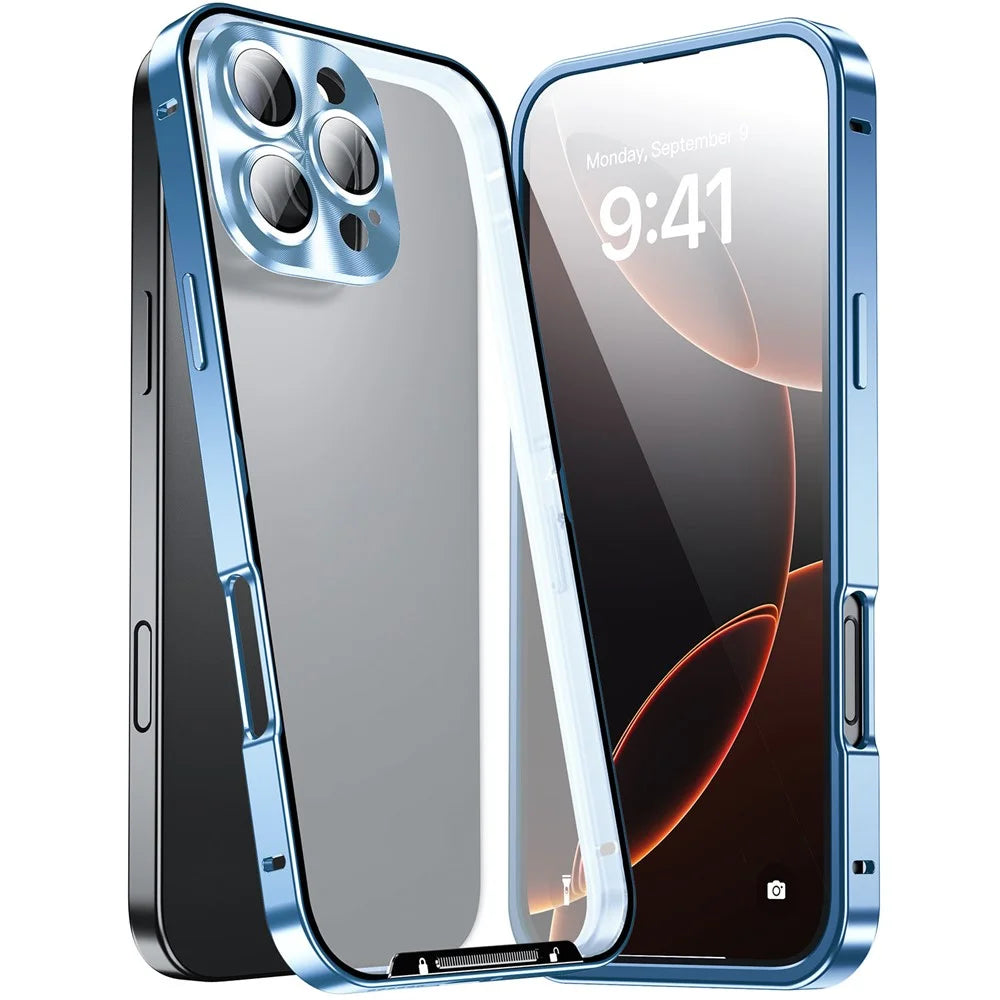 For iPhone 16 Pro Max Case Aluminium Alloy Frame Matte PC Back Phone Cover with Lens Protector - Blue - 1