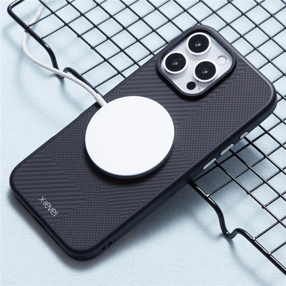 X-LEVEL For iPhone 16 Pro Max Magnetic Case Hard PC Phone Cover Carbon Nano-Fiber Texture - Black - 3