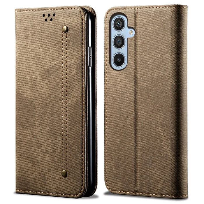 For Samsung Galaxy A16 5G / A16 4G Case Jeans Cloth Texture Anti-Scratch Leather Stand Phone Cover - Khaki - 1