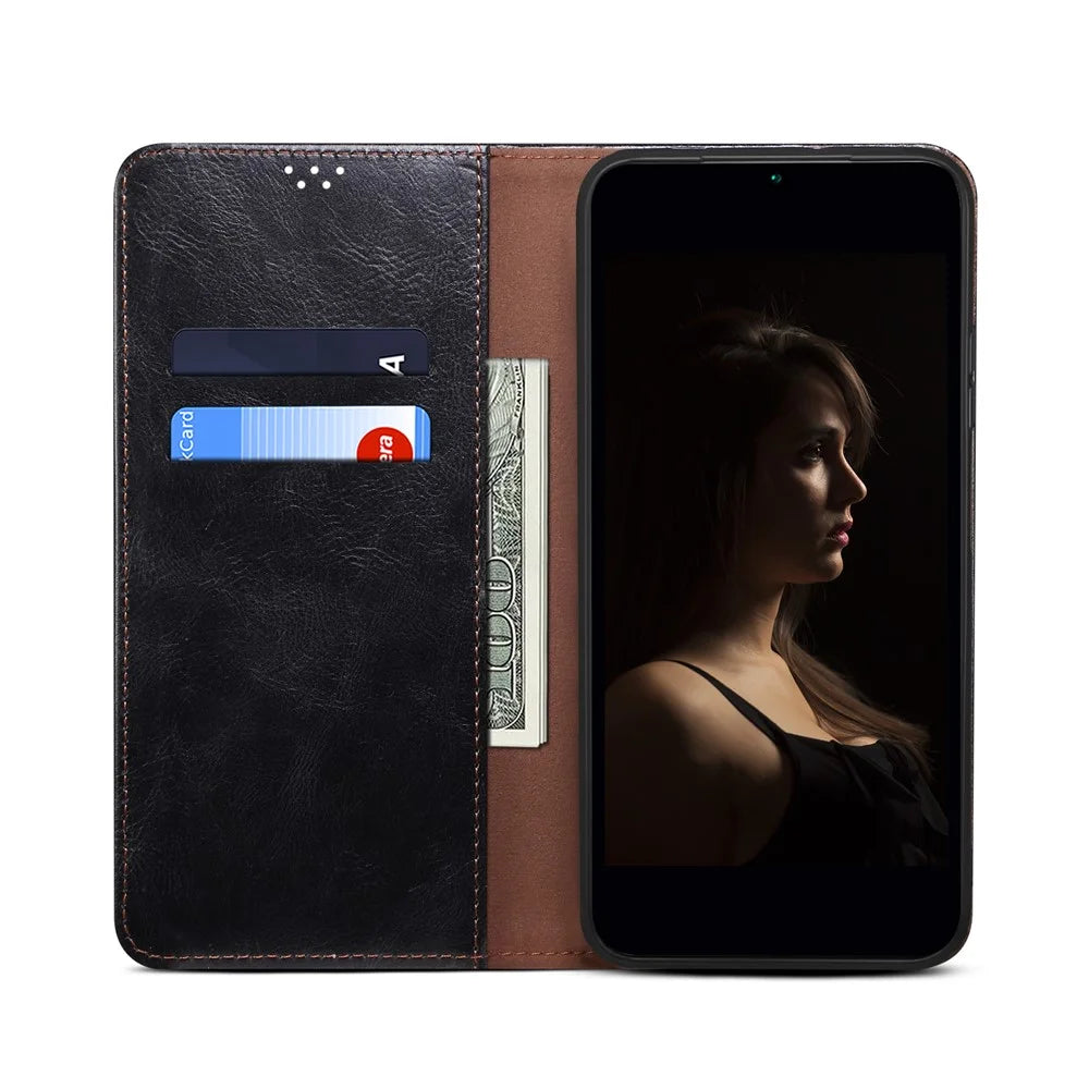 For Samsung Galaxy A16 5G / A16 4G Case Crazy Horse Texture Waxy Leather Wallet Stand Cover - Black - 2