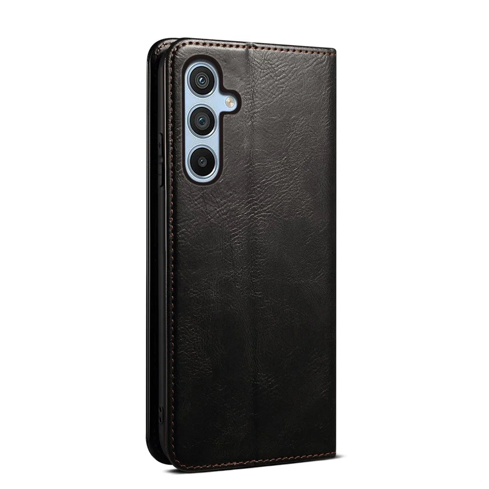 For Samsung Galaxy A16 5G / A16 4G Case Crazy Horse Texture Waxy Leather Wallet Stand Cover - Black - 6