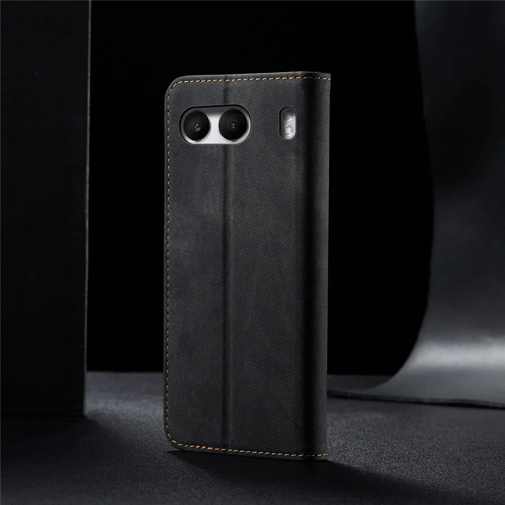 For OnePlus Nord 4 Case Jeans Cloth Texture Anti-Scratch Leather Stand Phone Cover - Black - 7