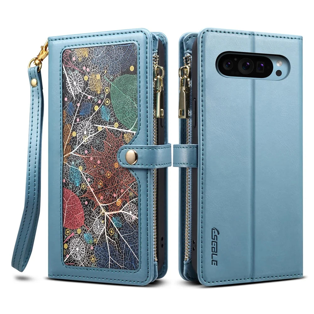 ESEBLE Galaxy Series For Google Pixel 9 / Pixel 9 Pro Case Leather Zipper Phone Cover RFID Blocking - Blue - 1