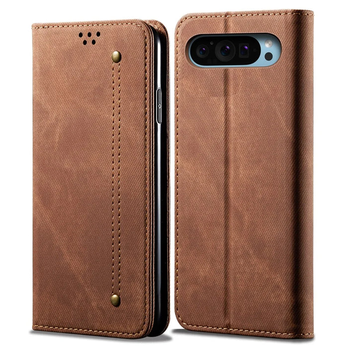 For Google Pixel 9 / Pixel 9 Pro Case Jeans Cloth Texture Anti-Scratch Leather Stand Phone Cover - Coffee - 1