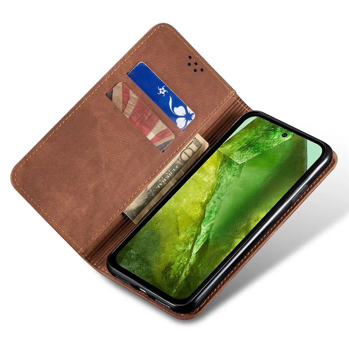For Google Pixel 9 / Pixel 9 Pro Case Jeans Cloth Texture Anti-Scratch Leather Stand Phone Cover - Coffee - 3