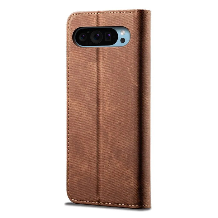 For Google Pixel 9 / Pixel 9 Pro Case Jeans Cloth Texture Anti-Scratch Leather Stand Phone Cover - Coffee - 6
