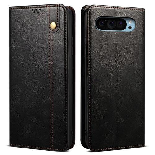 For Google Pixel 9 / Pixel 9 Pro Case Crazy Horse Texture Waxy Leather Wallet Stand Cover - Black - 1