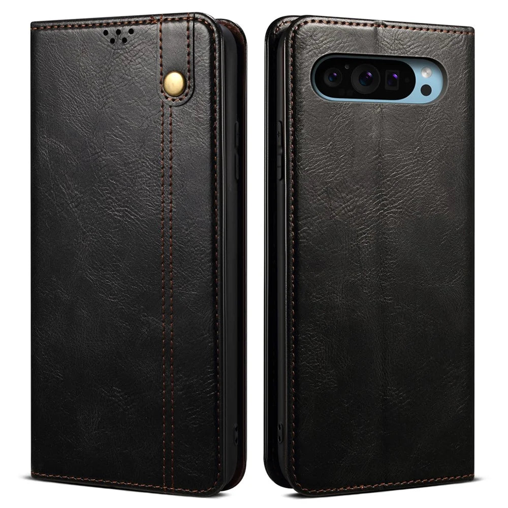 For Google Pixel 9 / Pixel 9 Pro Case Crazy Horse Texture Waxy Leather Wallet Stand Cover - Black - 1