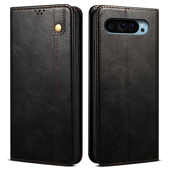 For Google Pixel 9 / Pixel 9 Pro Case Crazy Horse Texture Waxy Leather Wallet Stand Cover - Black - 1