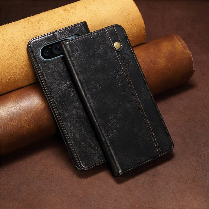 For Google Pixel 9 / Pixel 9 Pro Case Crazy Horse Texture Waxy Leather Wallet Stand Cover - Black - 7