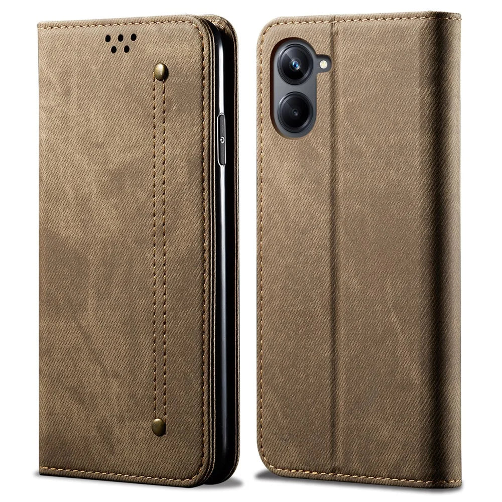 For Samsung Galaxy A06 4G Case Jeans Cloth Texture Anti-Scratch Leather Stand Phone Cover - Khaki - 1