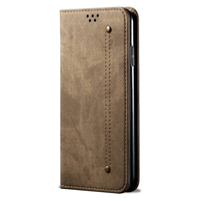 For Samsung Galaxy A06 4G Case Jeans Cloth Texture Anti-Scratch Leather Stand Phone Cover - Khaki - 5