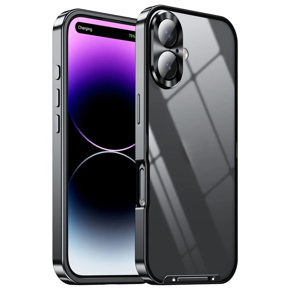 For iPhone 16 Case Aluminium Alloy Frame Matte PC Back Phone Cover with Lens Protector - Black - 1