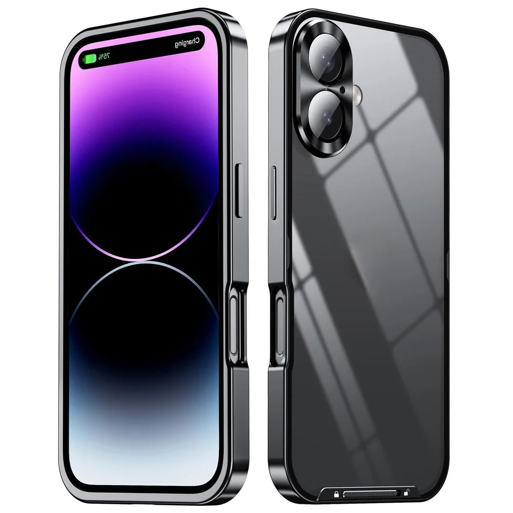 For iPhone 16 Case Aluminium Alloy Frame Matte PC Back Phone Cover with Lens Protector - Black - 2