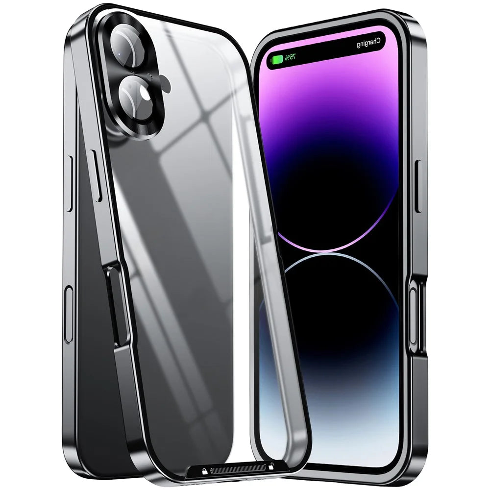 For iPhone 16 Case Aluminium Alloy Frame Matte PC Back Phone Cover with Lens Protector - Black - 3