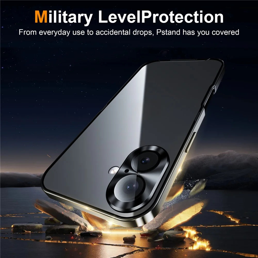 For iPhone 16 Case Aluminium Alloy Frame Matte PC Back Phone Cover with Lens Protector - Black - 5