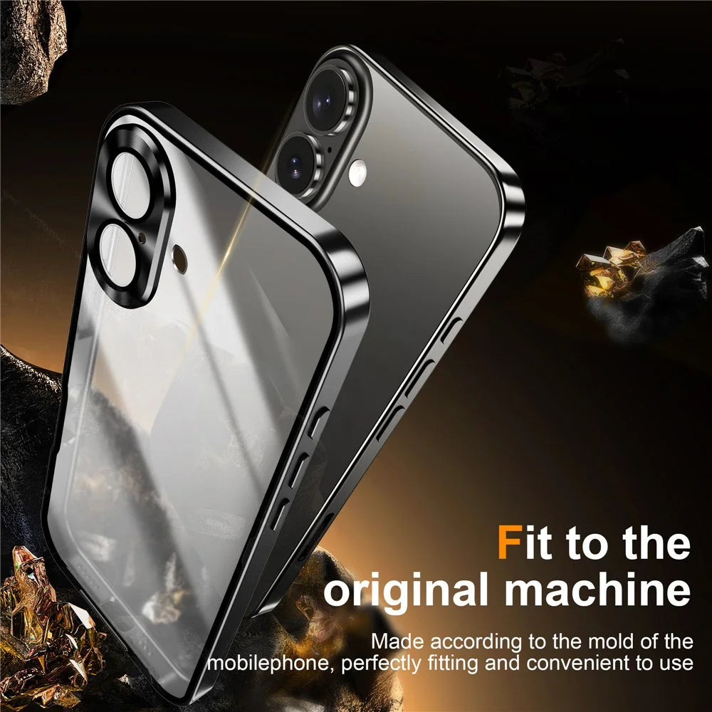 For iPhone 16 Case Aluminium Alloy Frame Matte PC Back Phone Cover with Lens Protector - Black - 6