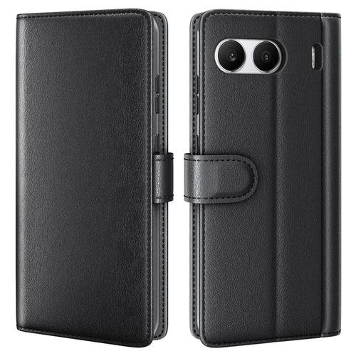 For OnePlus Nord 4 Case Genuine Split Leather Phone Cover with Wallet Stand - Black - 1