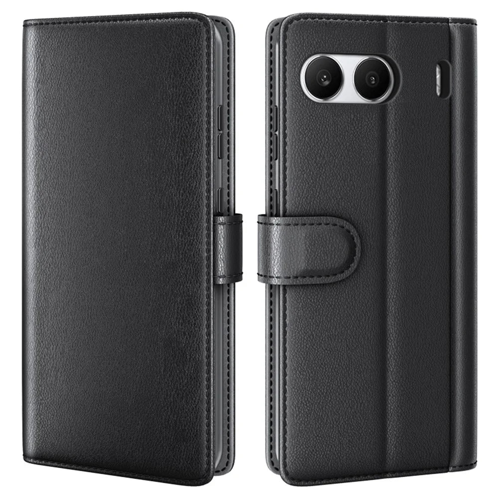 For OnePlus Nord 4 Case Genuine Split Leather Phone Cover with Wallet Stand - Black - 1