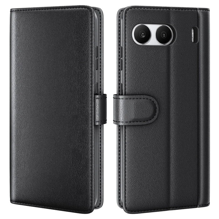 For OnePlus Nord 4 Case Genuine Split Leather Phone Cover with Wallet Stand - Black - 1