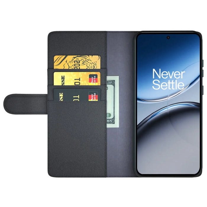 For OnePlus Nord 4 Case Genuine Split Leather Phone Cover with Wallet Stand - Black - 2