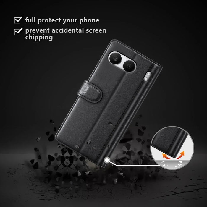 For OnePlus Nord 4 Case Genuine Split Leather Phone Cover with Wallet Stand - Black - 4
