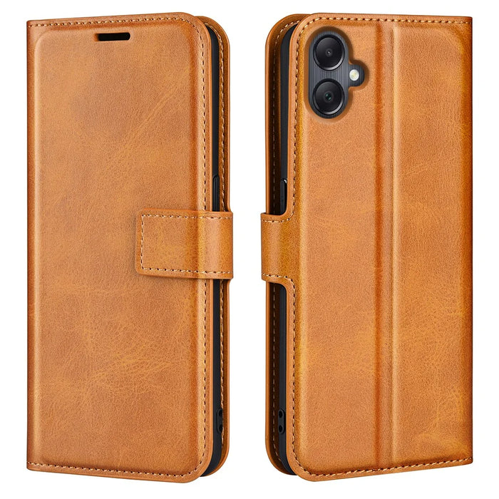 For Samsung Galaxy A06 4G Stand Case Anti-Scratch Calf Texture Leather Phone Cover - Yellow - 1