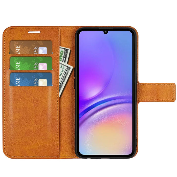 For Samsung Galaxy A06 4G Stand Case Anti-Scratch Calf Texture Leather Phone Cover - Yellow - 2