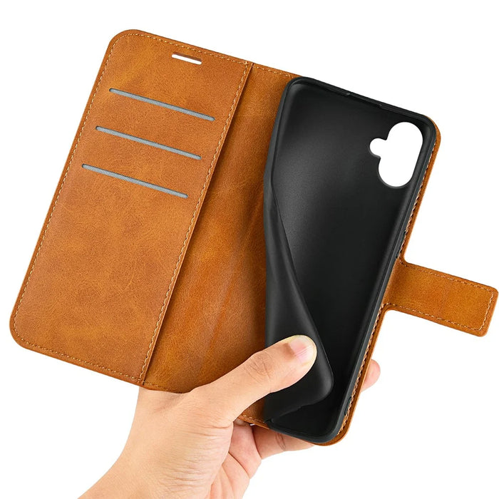 For Samsung Galaxy A06 4G Stand Case Anti-Scratch Calf Texture Leather Phone Cover - Yellow - 4