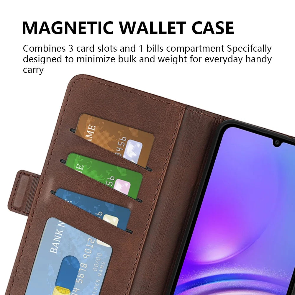 For Samsung Galaxy A06 4G Stand Case Calf Texture Leather Wallet Phone Cover - Brown - 5