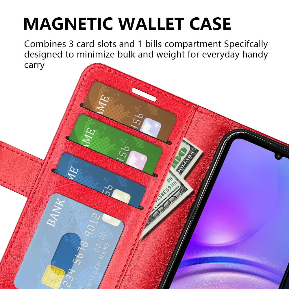 For Samsung Galaxy A06 4G Wallet Case Crazy Horse Texture Stand Leather Phone Cover - Red - 5