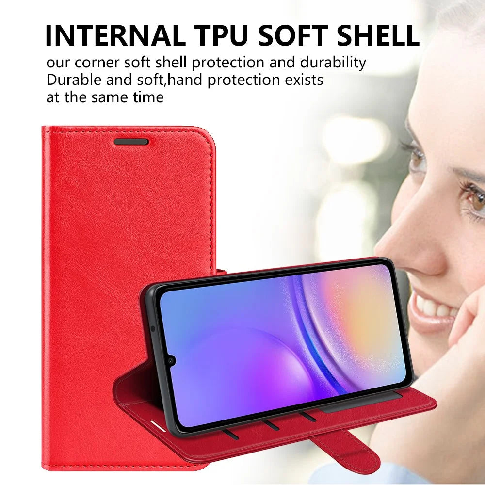 For Samsung Galaxy A06 4G Wallet Case Crazy Horse Texture Stand Leather Phone Cover - Red - 6