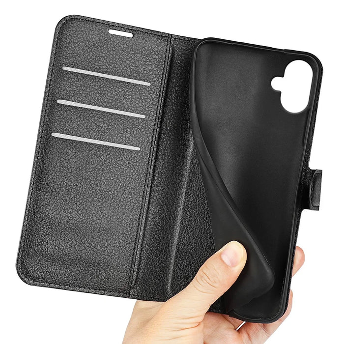 For Samsung Galaxy A06 4G Case Litchi Texture Shockproof Leather Wallet Phone Cover - Black - 4