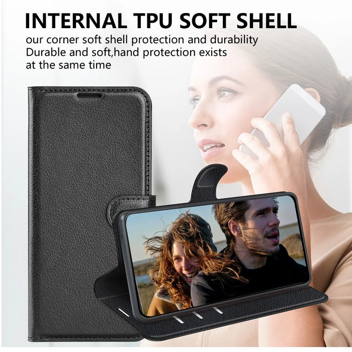 For Samsung Galaxy A06 4G Case Litchi Texture Shockproof Leather Wallet Phone Cover - Black - 7
