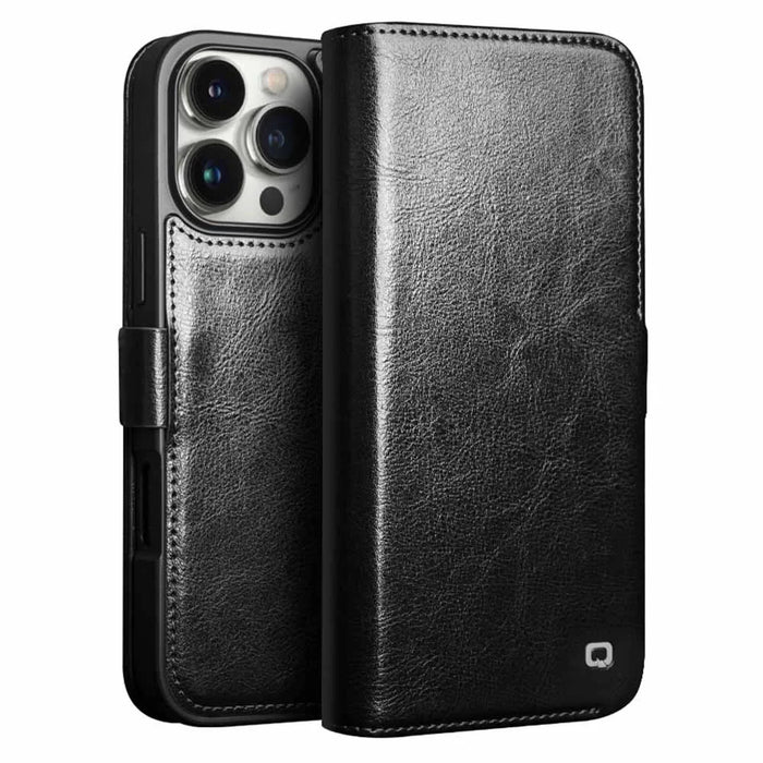 QIALINO For iPhone 16 Pro Case TPU+Genuine Cow Leather Wallet Phone Cover - Black - 1