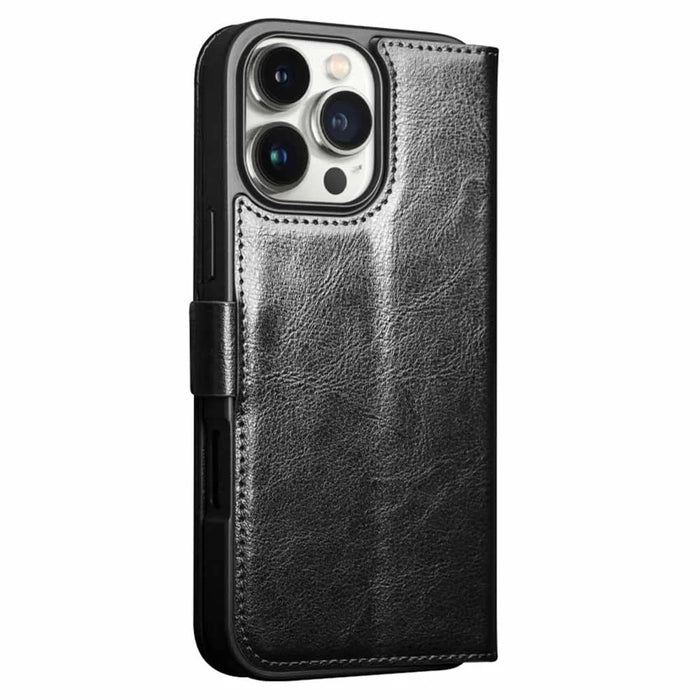 QIALINO For iPhone 16 Pro Max Case TPU+Genuine Cow Leather Wallet Phone Cover - Black - 5