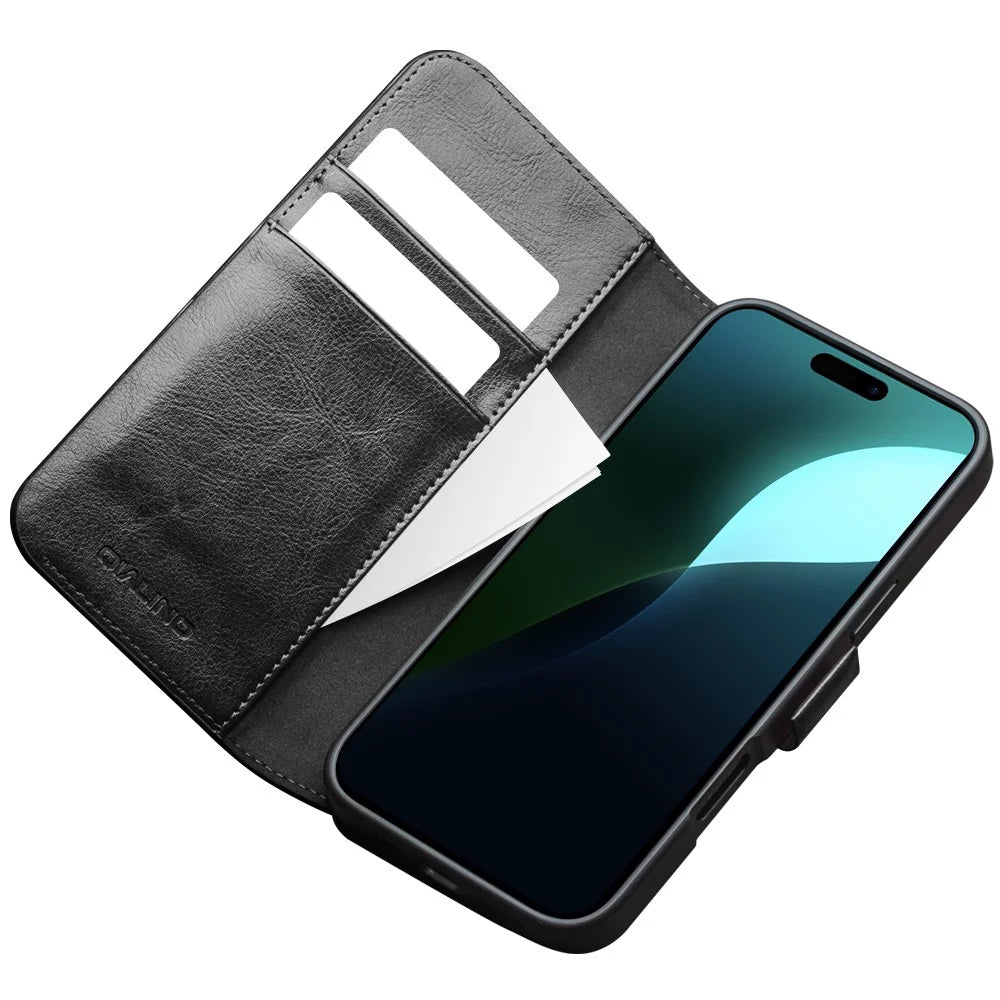 QIALINO For iPhone 16 Case TPU+Genuine Cow Leather Wallet Phone Cover - Black - 2
