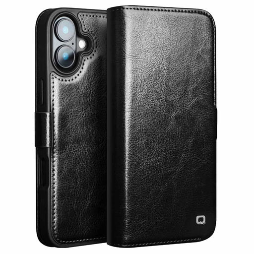 QIALINO For iPhone 16 Plus Case TPU+Genuine Cow Leather Wallet Phone Cover - Black - 1