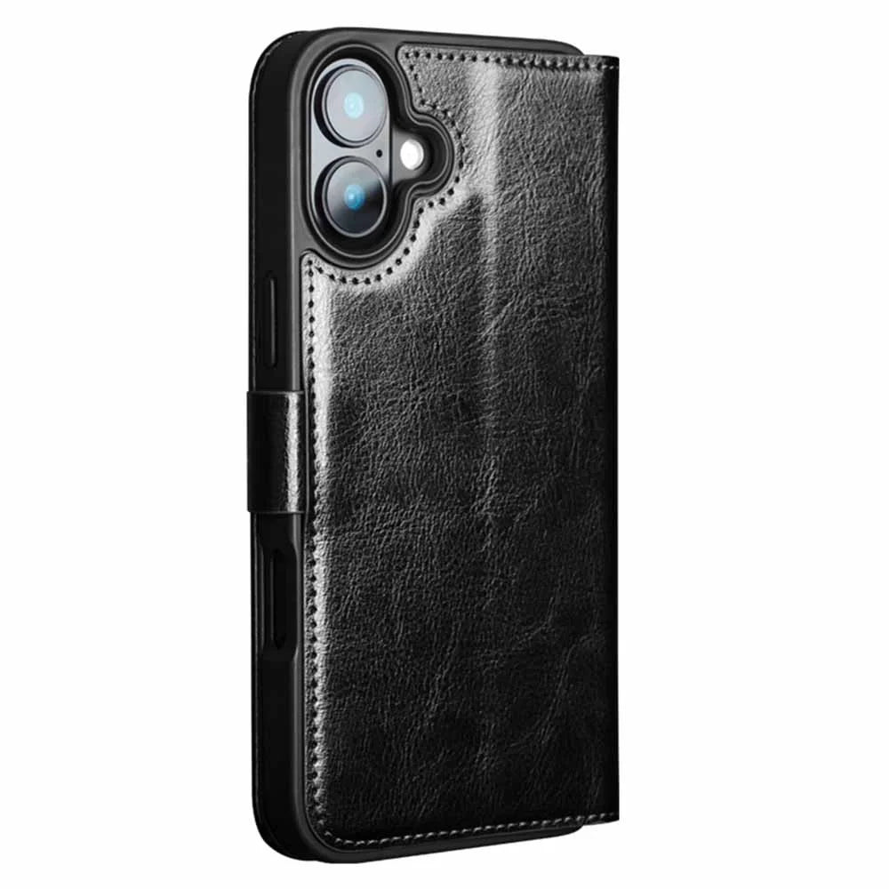 QIALINO For iPhone 16 Plus Case TPU+Genuine Cow Leather Wallet Phone Cover - Black - 5